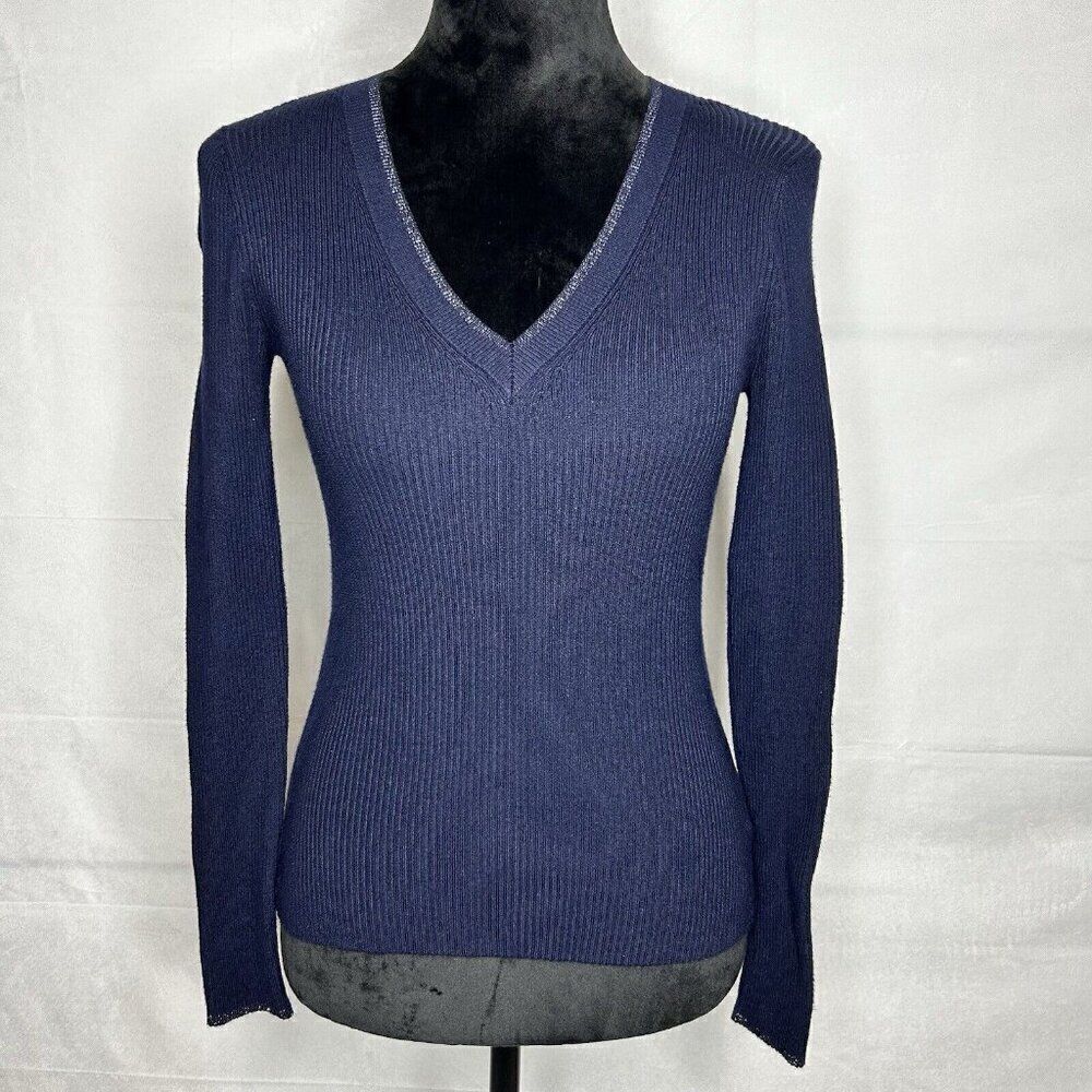Anthropologie Moth Ribbed V-Neck Sweater Navy Size XS Sparkle Neckline